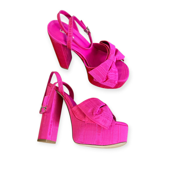 Larroude (Larroudé) Elle Platform Sandal Pink Magenta Fabric Heels Pumps Size 8 - Picture 2 of 10